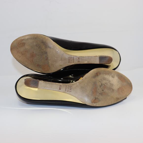 Saks Fifth Avenue Black Patent Peep Toe Heels Gold Wedge | Size 8.5M - Picture 5 of 6